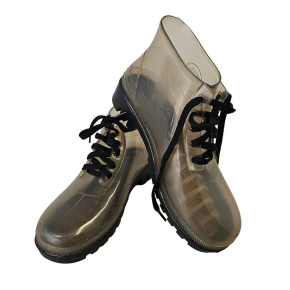 JuJu Clear Rubber Wellies Rain Booties Lace Up Black Tread Womens US 6 UK 4 - Picture 1 of 10